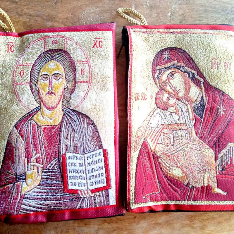 Traditional Handmade Rosary Pouch Zipper Purse Panagia & Jesus