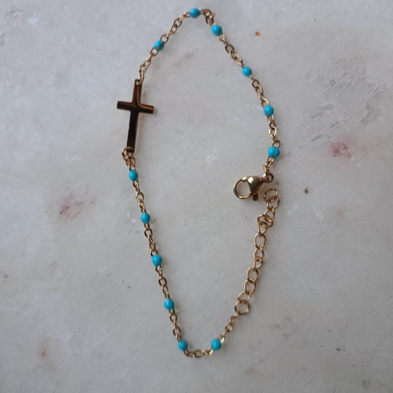 Steinless Steel gold Rosary Bracelet with Enamel & cross