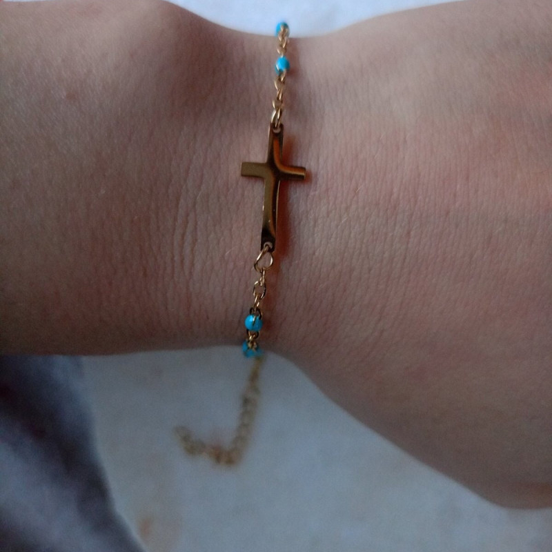Steinless Steel gold Rosary Bracelet with Enamel & cross