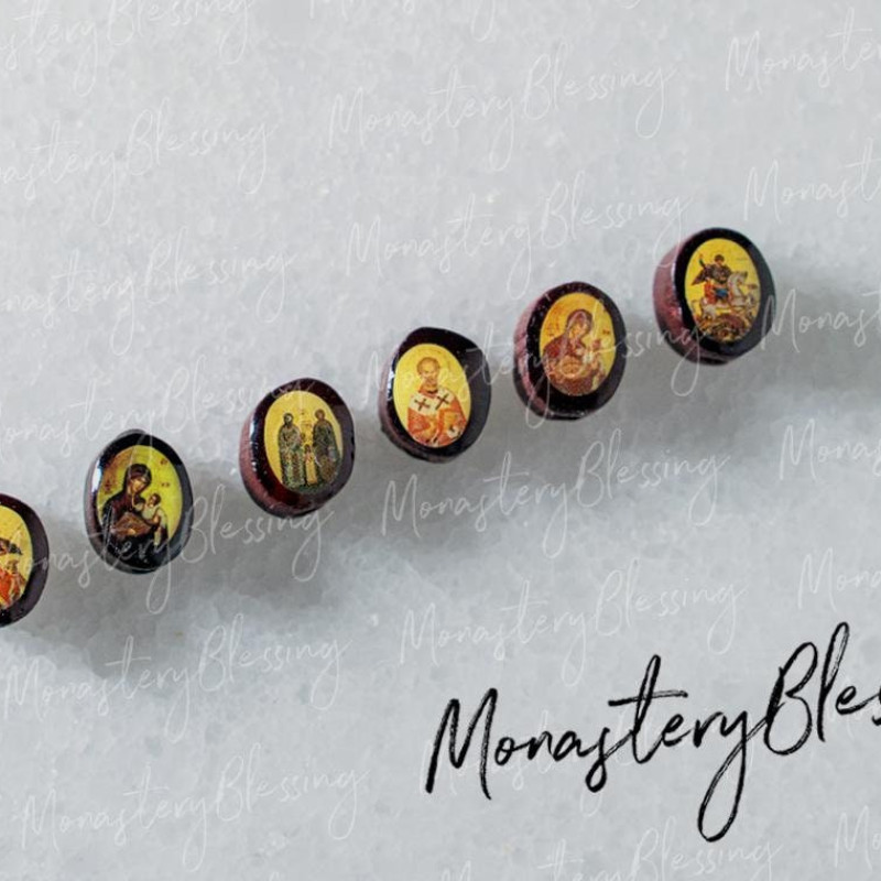 Set of 30 wooden icon beads with Holy Theotokos & saints 10009